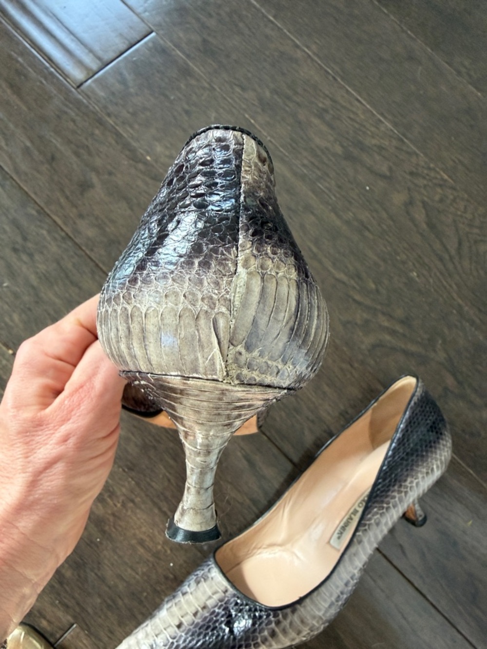 Manolo Blahnik Brown Python-Effect Pointed Toe Kitten Heels - Picture 8 of 13